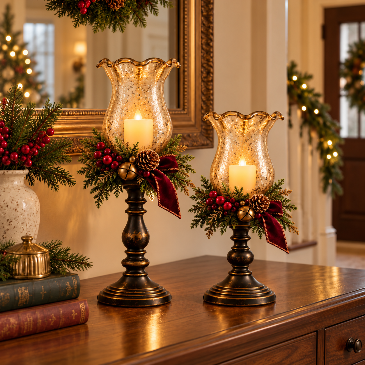 Vintage Lighted Christmas Hurricane Candle Holder