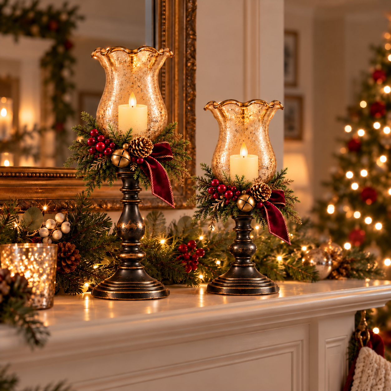 Vintage Lighted Christmas Hurricane Candle Holder