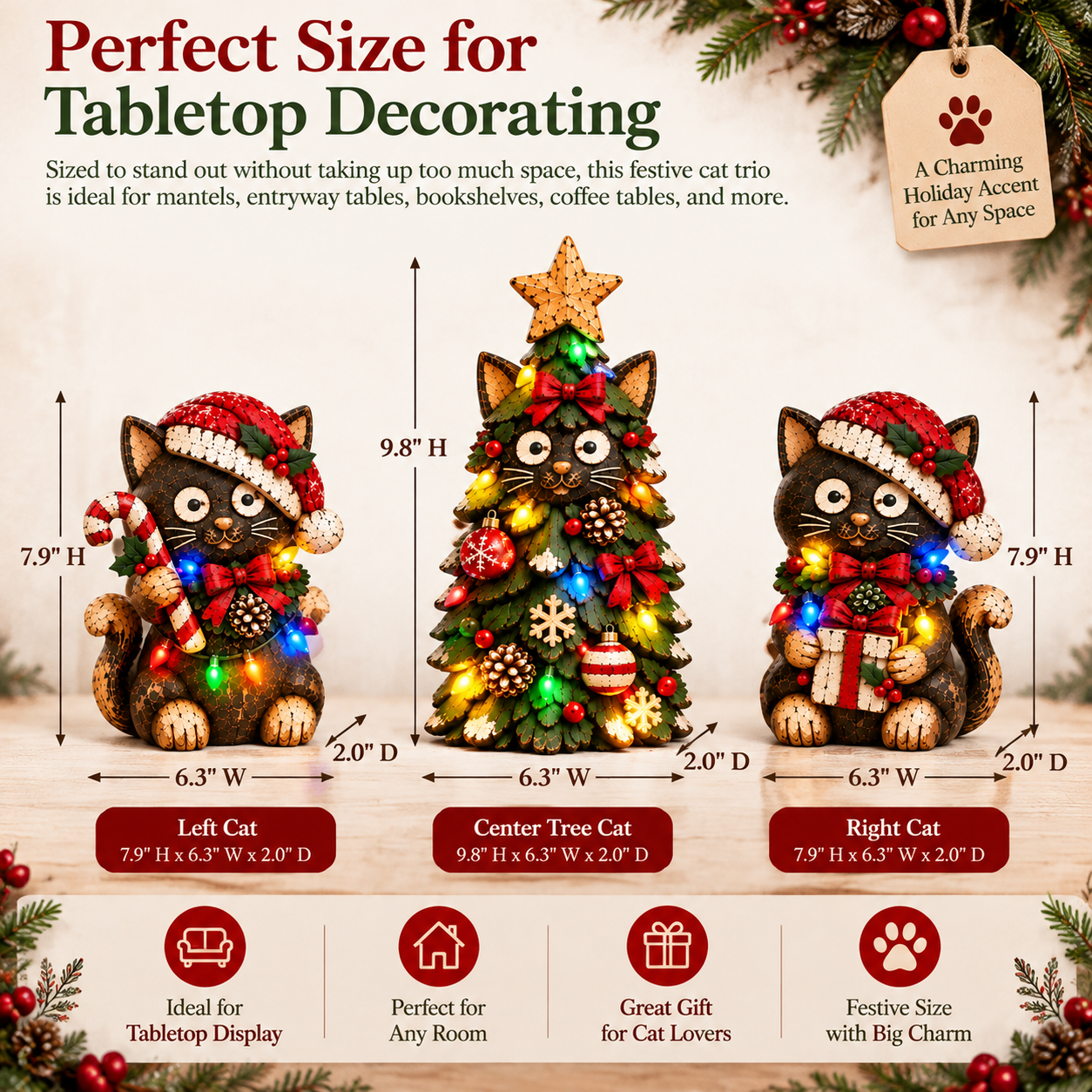 Lighted Christmas Cat Figurine Set