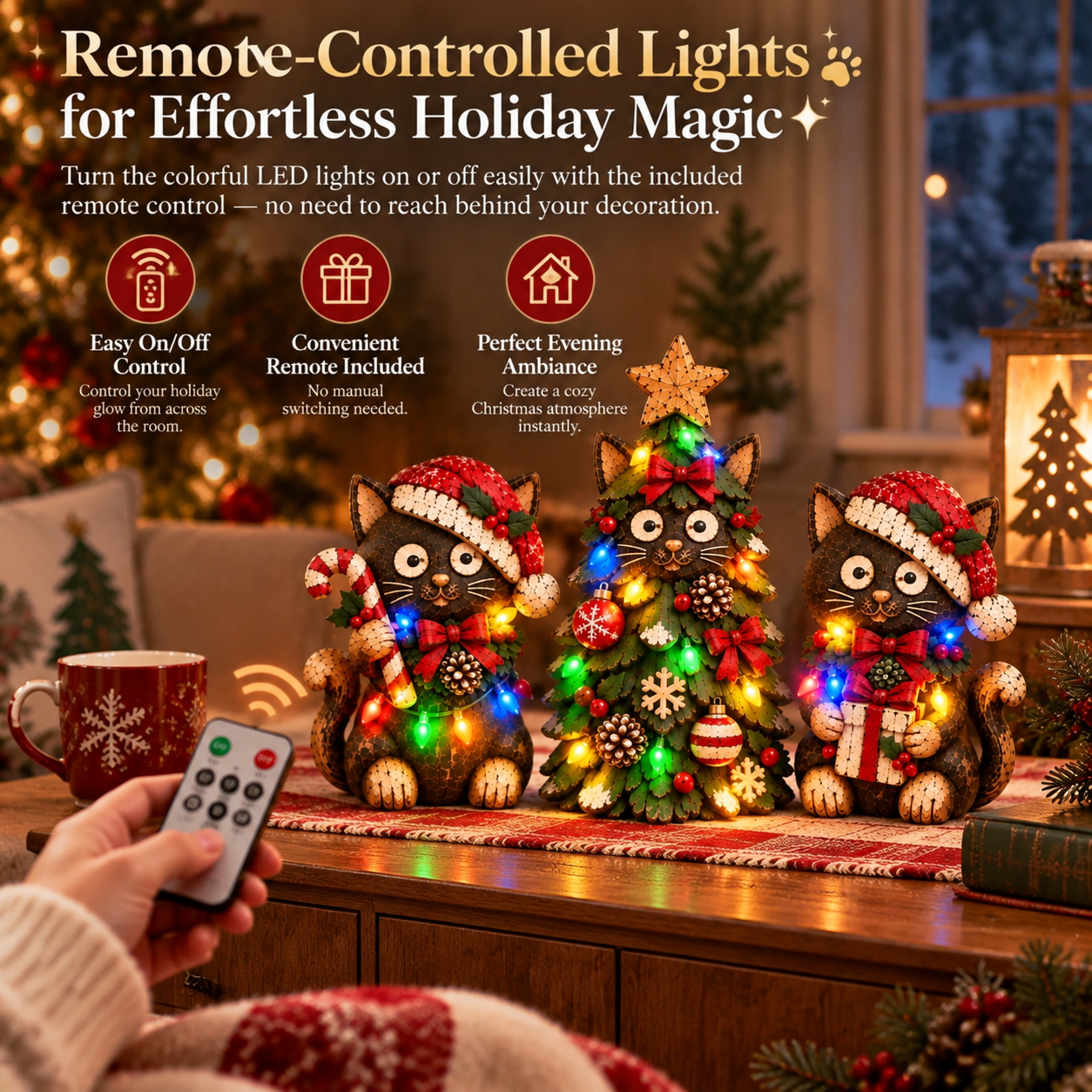 Lighted Christmas Cat Figurine Set