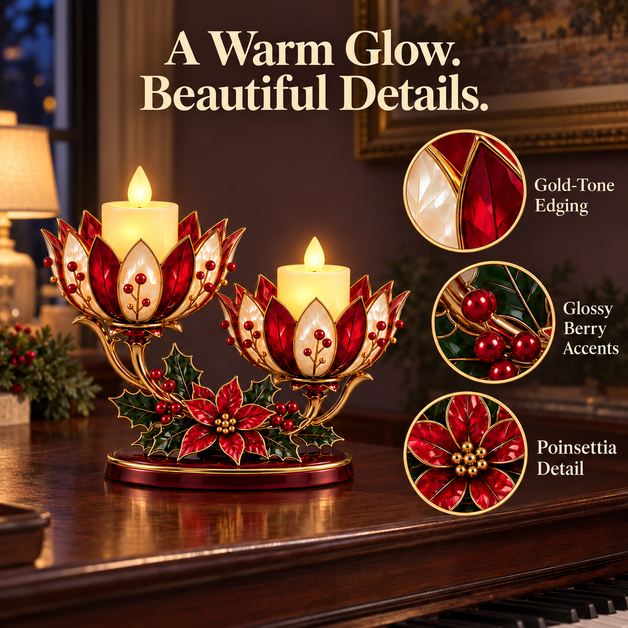 Vintage Poinsettia Double LED Candle Holder