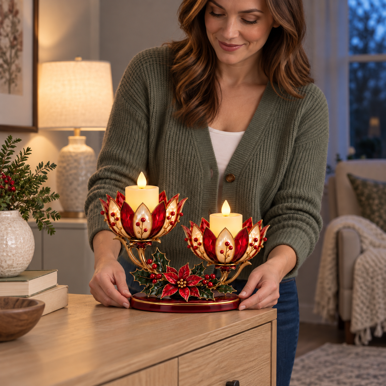 Vintage Poinsettia Double LED Candle Holder