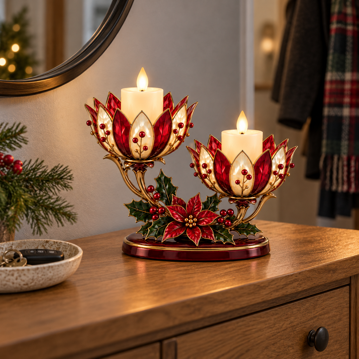 Vintage Poinsettia Double LED Candle Holder