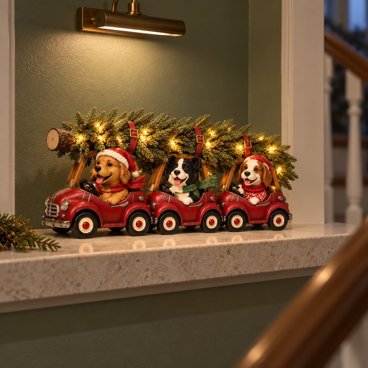 Vintage Christmas Dog Car Figurine with Warm LED Lights