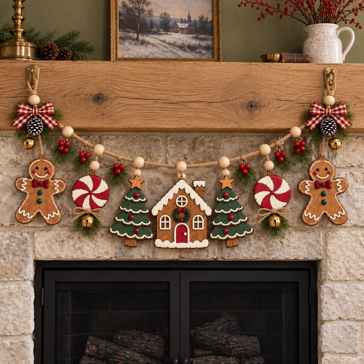 Vintage Lighted Gingerbread Village Christmas Garland