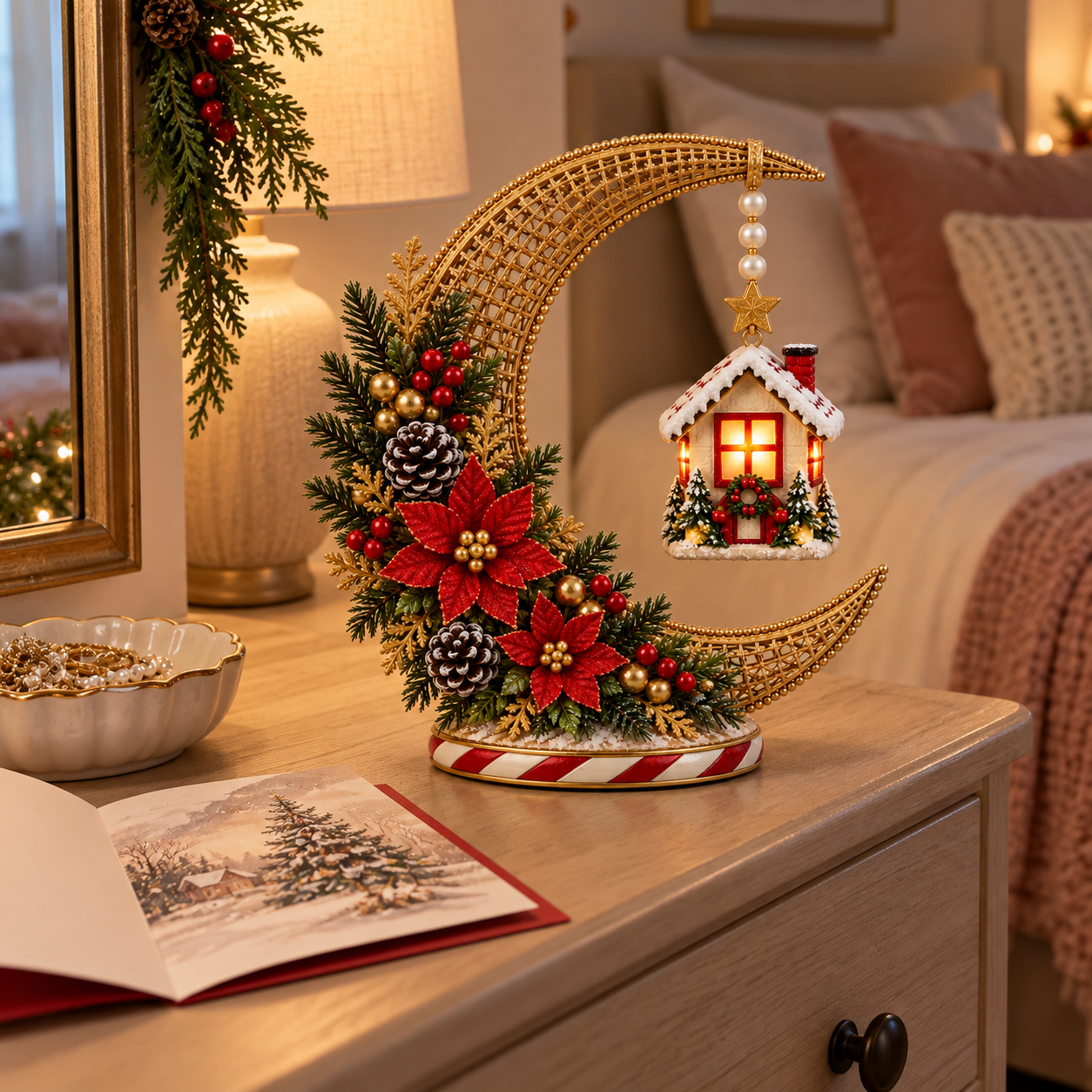Vintage Lighted Christmas Crescent Moon Cottage