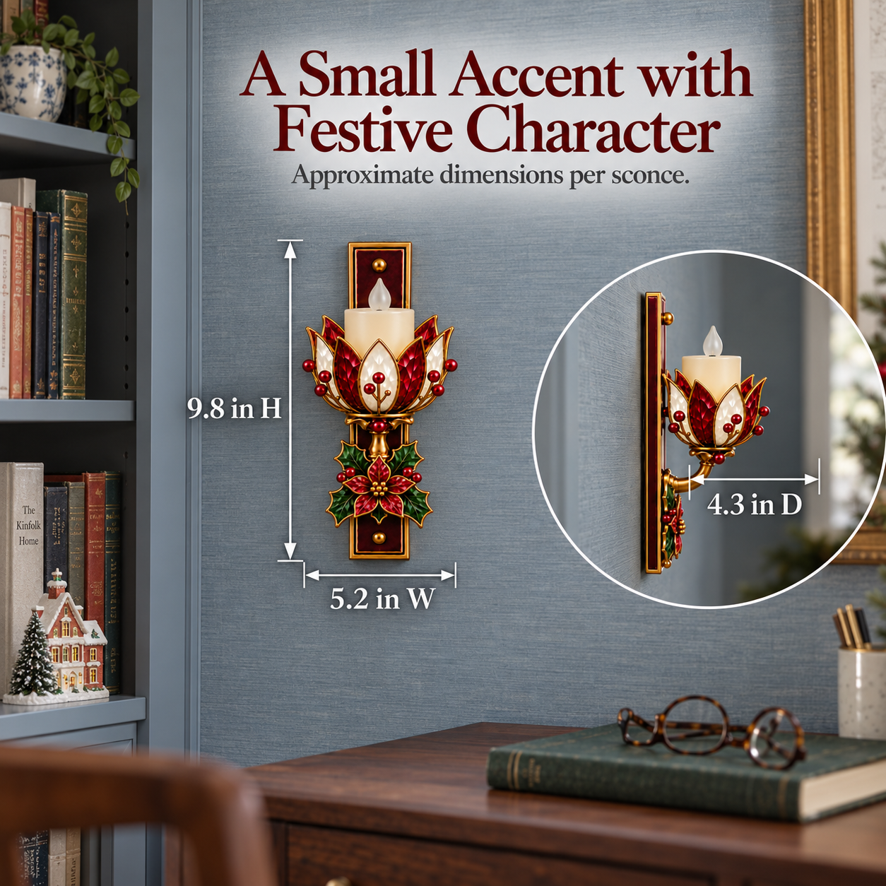 Vintage Poinsettia LED Candle Wall Sconce with Remote