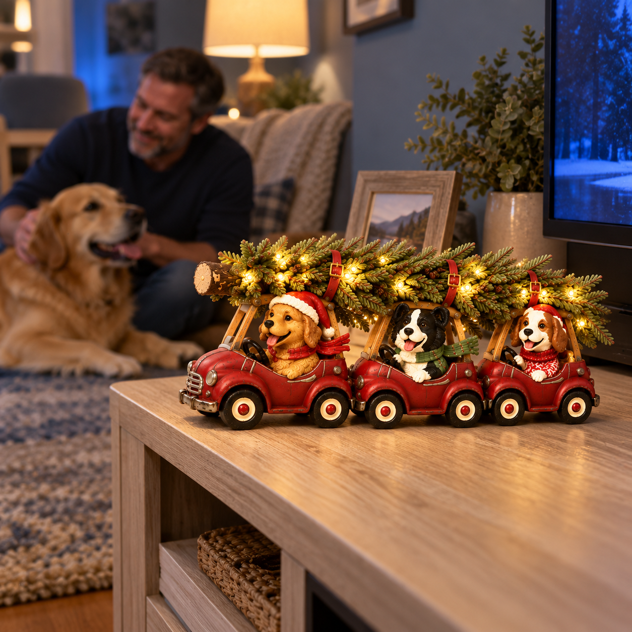 Vintage Christmas Dog Car Figurine with Warm LED Lights