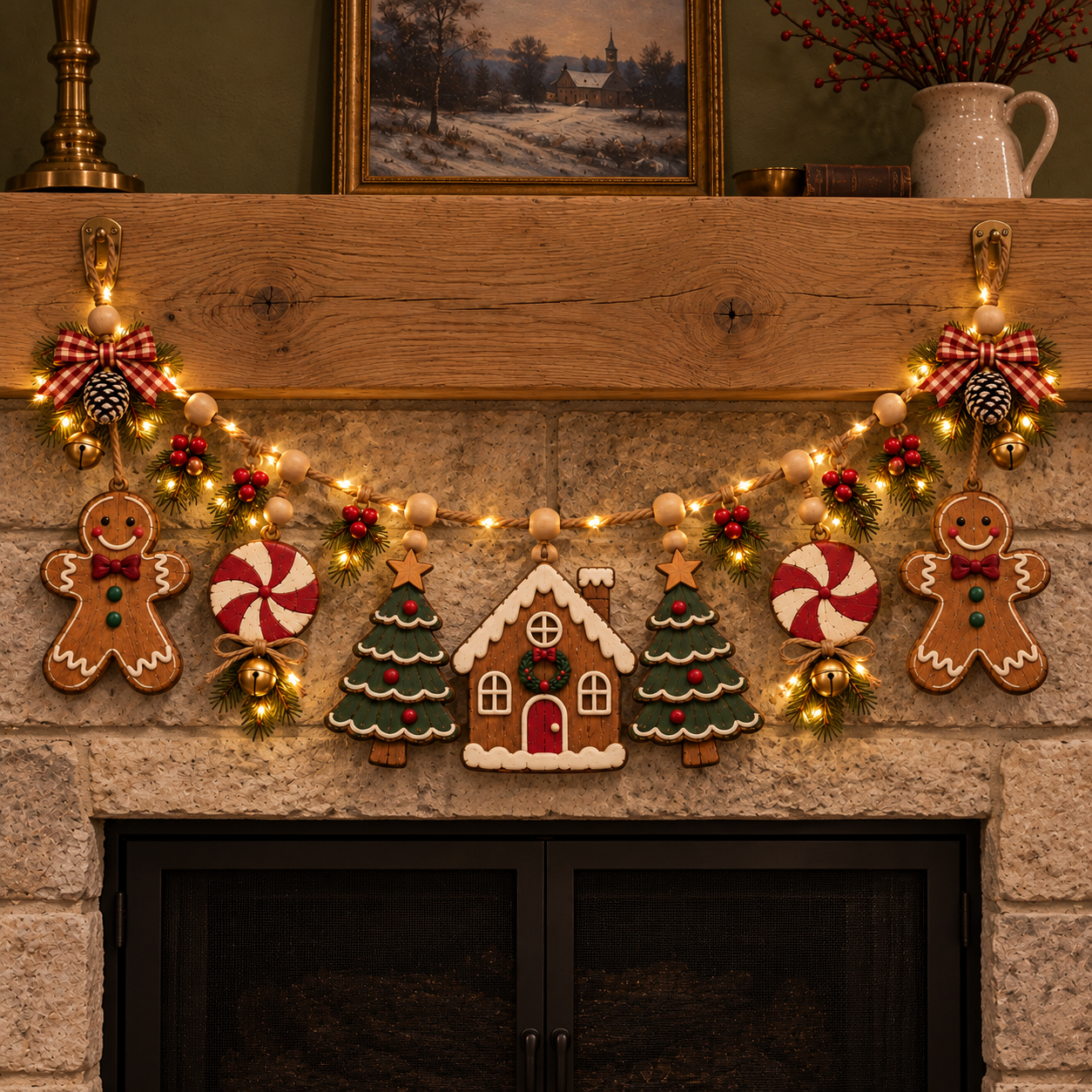 Vintage Lighted Gingerbread Village Christmas Garland
