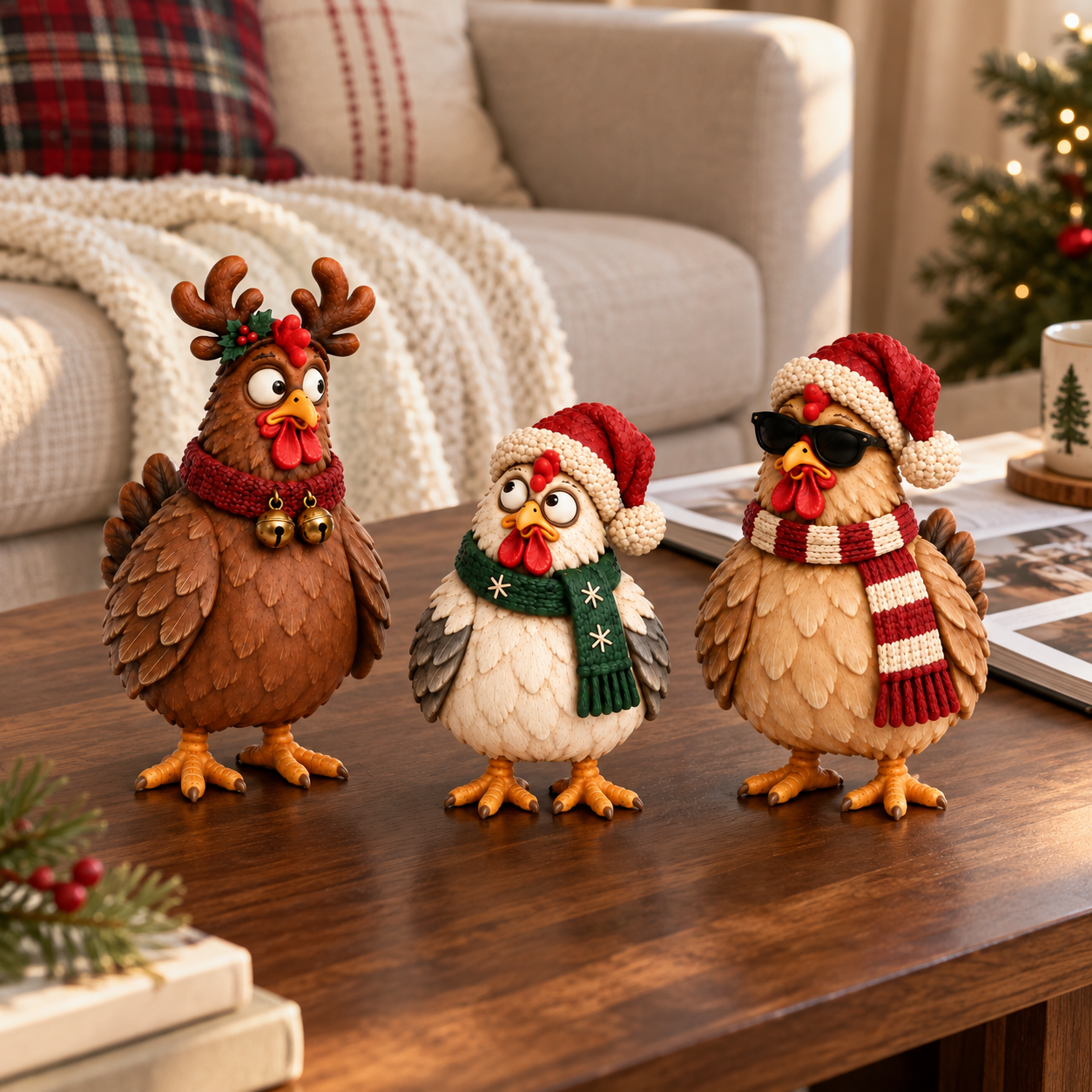 Vintage Christmas Chicken Figurine Set of 3