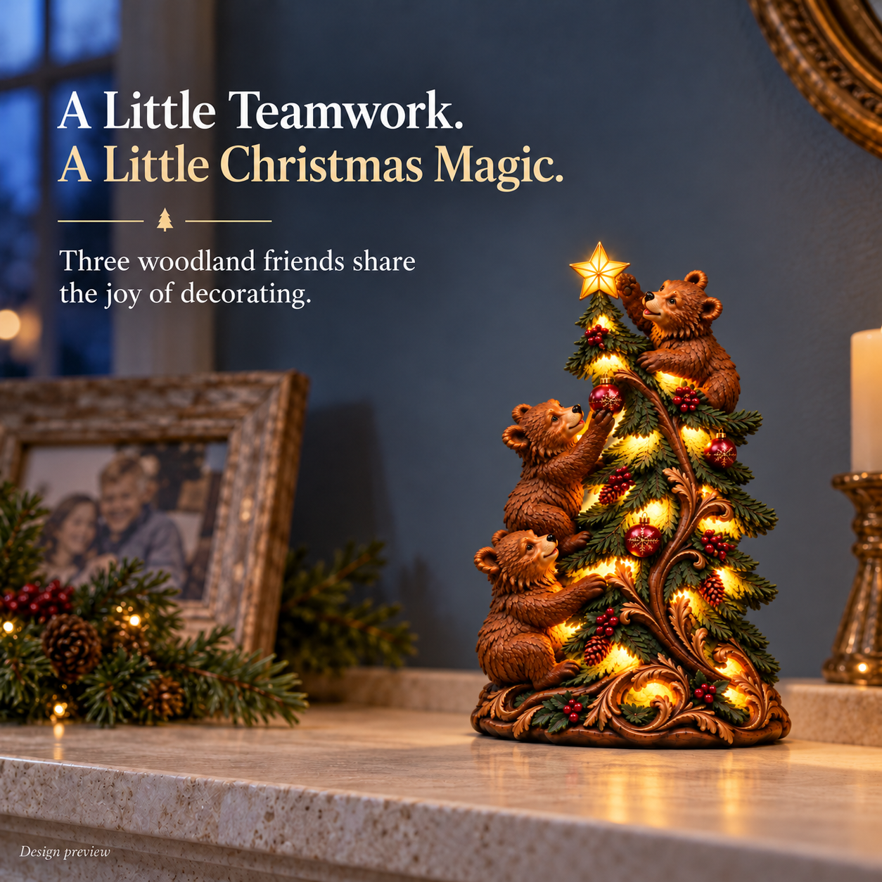 Vintage Lighted Christmas Tree with Three Bears