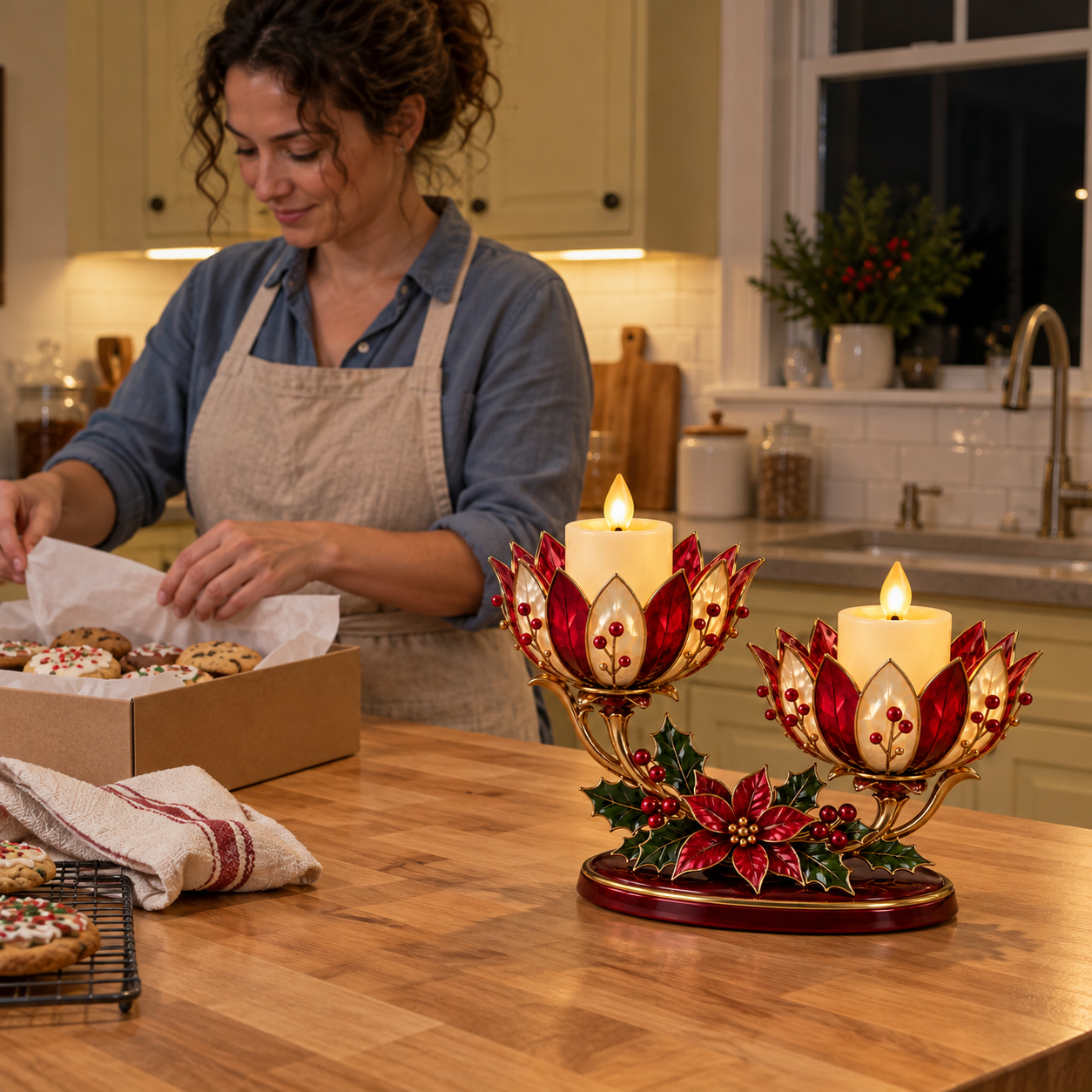 Vintage Poinsettia Double LED Candle Holder