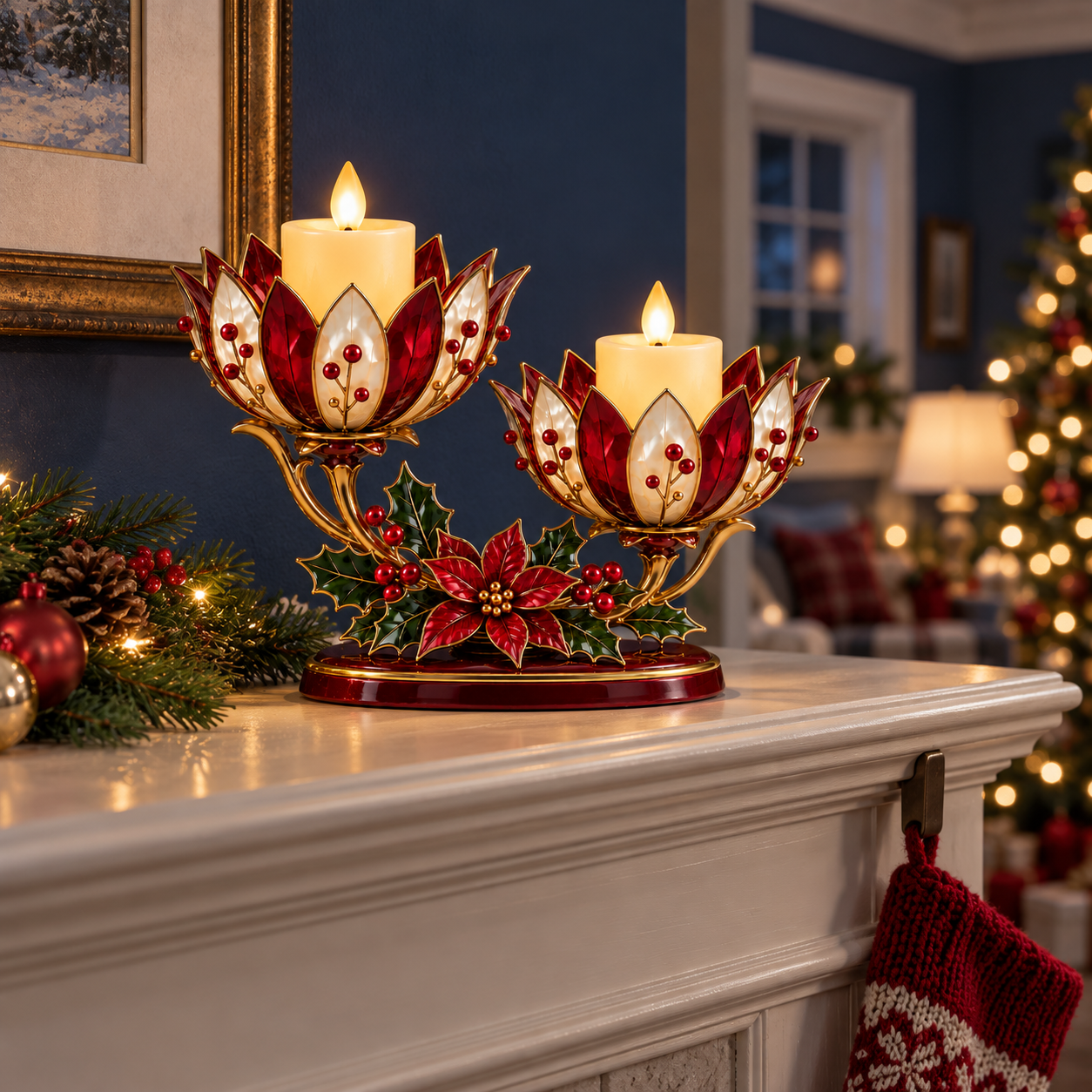 Vintage Poinsettia Double LED Candle Holder