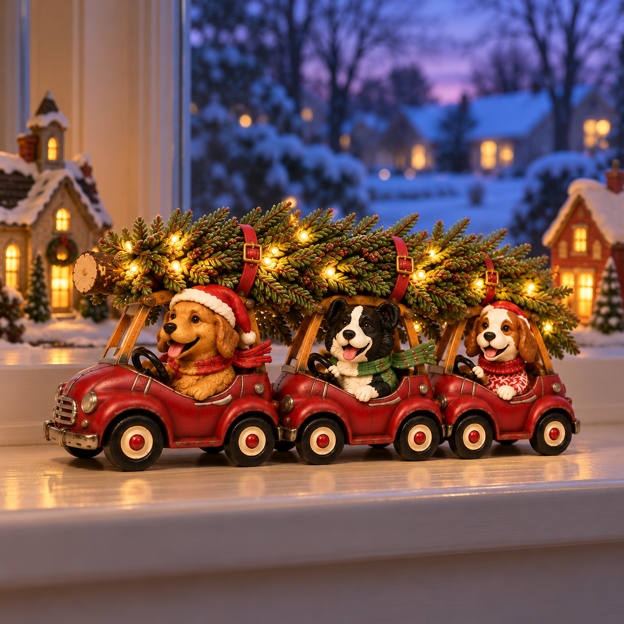 Vintage Christmas Dog Car Figurine with Warm LED Lights