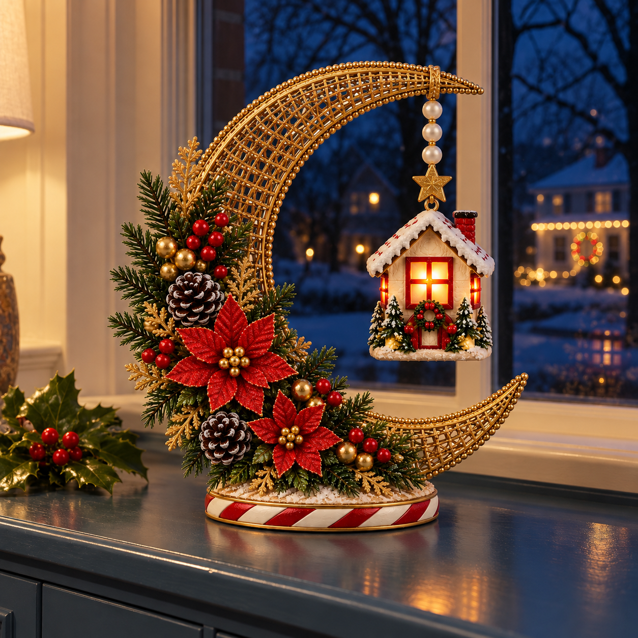 Vintage Lighted Christmas Crescent Moon Cottage