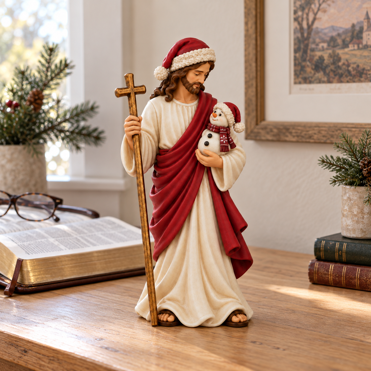 Jesus Holding a Snowman Christmas Figurine
