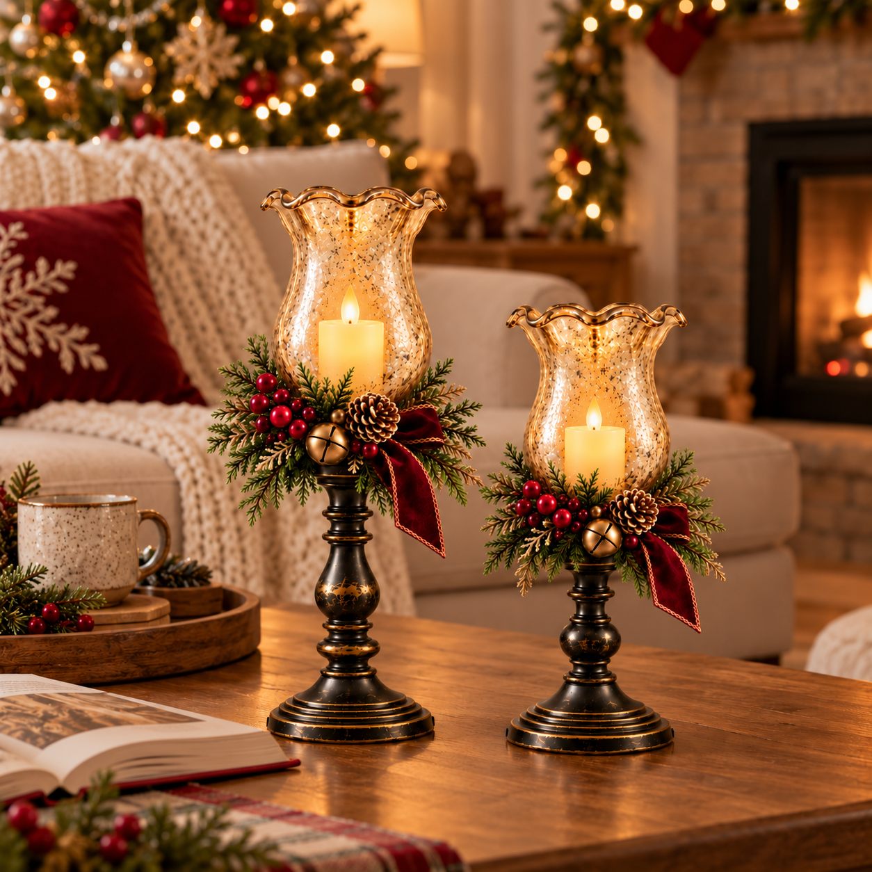 Vintage Lighted Christmas Hurricane Candle Holder