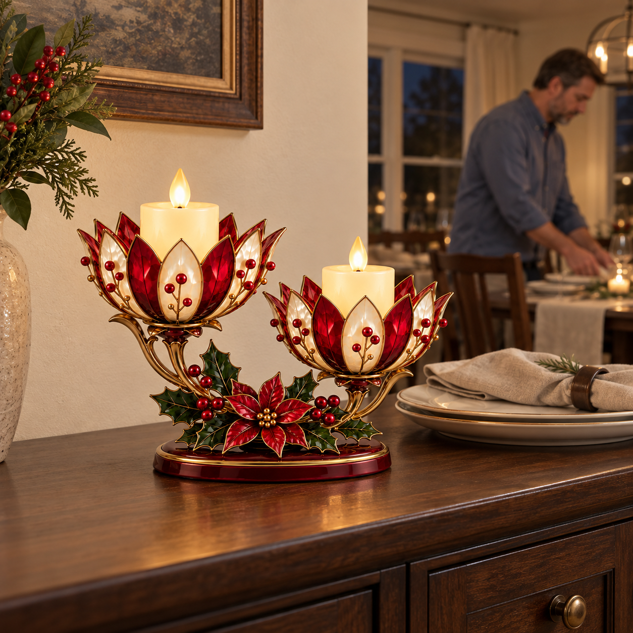Vintage Poinsettia Double LED Candle Holder