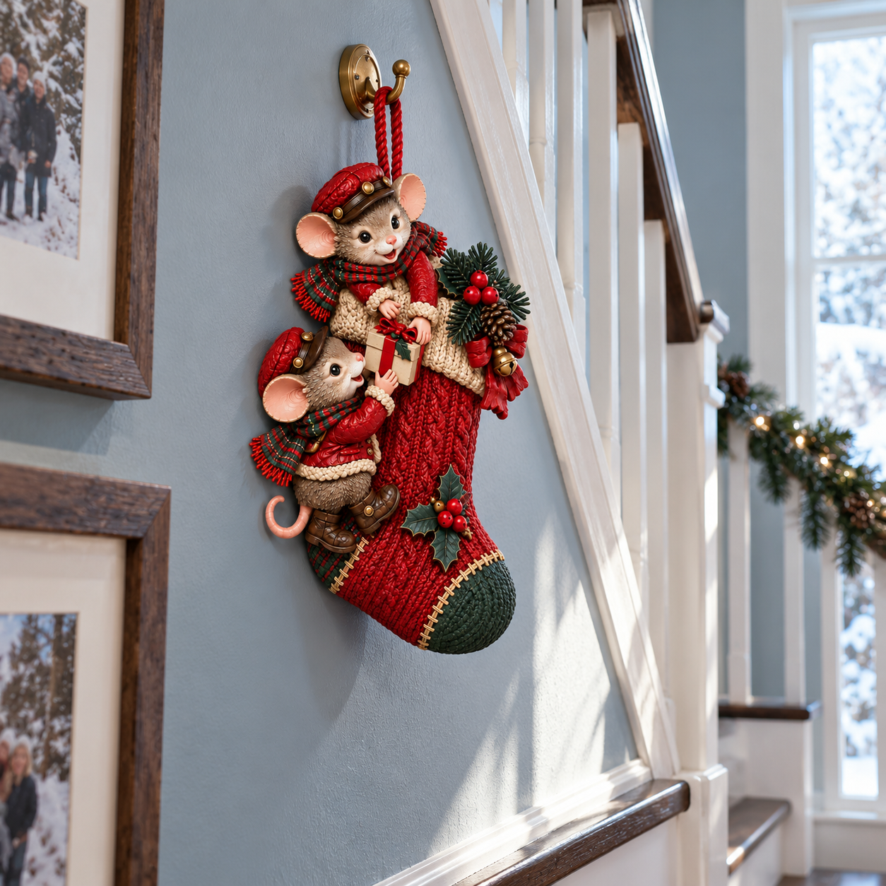 Vintage Christmas Mice Stocking Wall Decor
