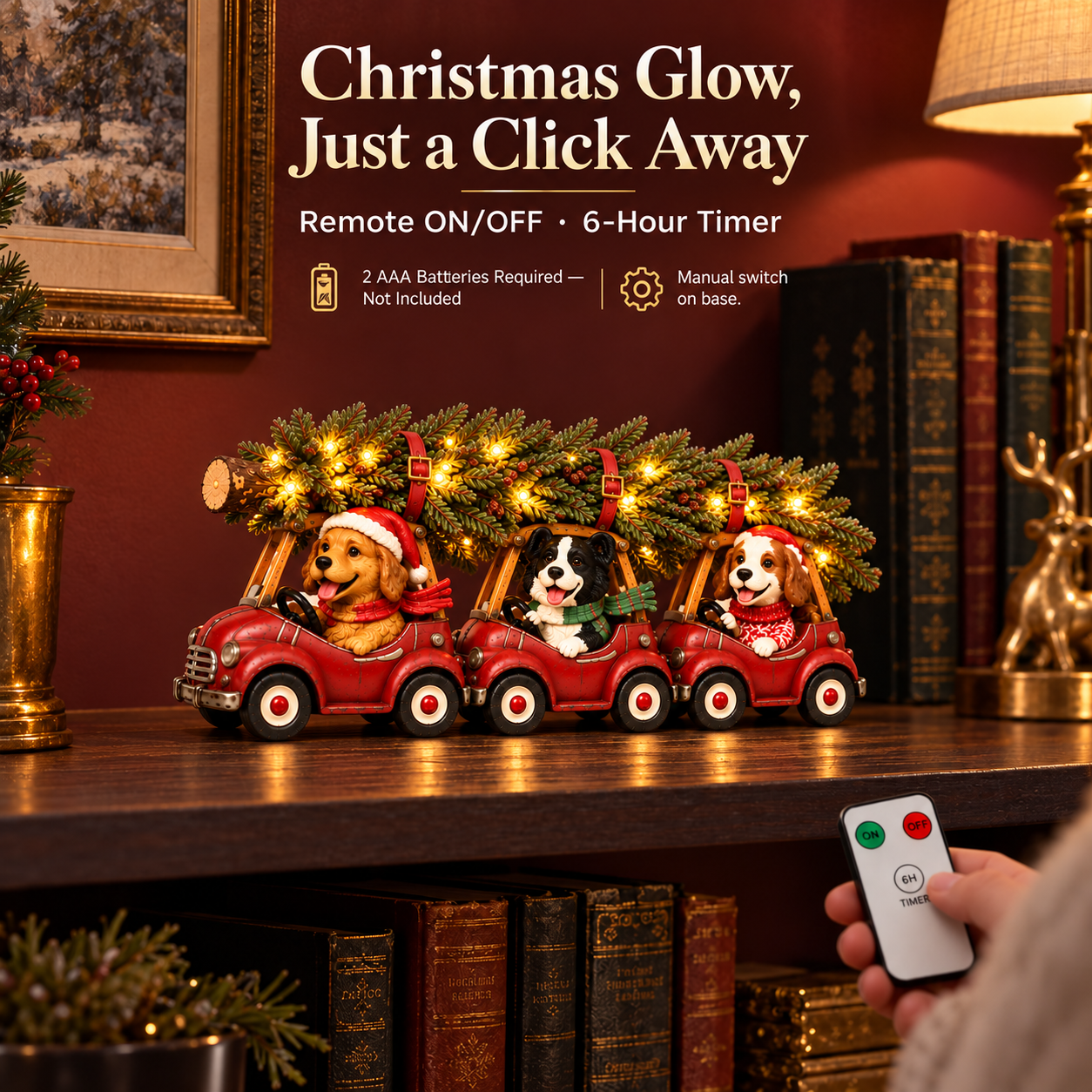 Vintage Christmas Dog Car Figurine with Warm LED Lights