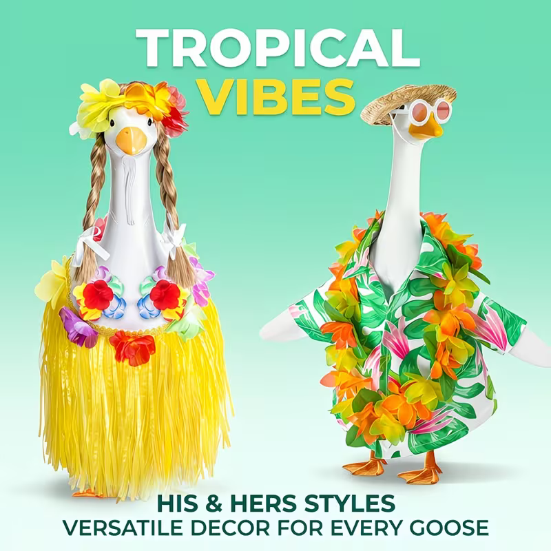 4pcs Hawaiian Garden Goose Clothing - Shirts/Skirts, Headwear, Wreath, Glasses, Outdoor Beach Decoration, Outdoor Art Decoration, Interesting Design, Modern Style, Durable Outdoor Decoration