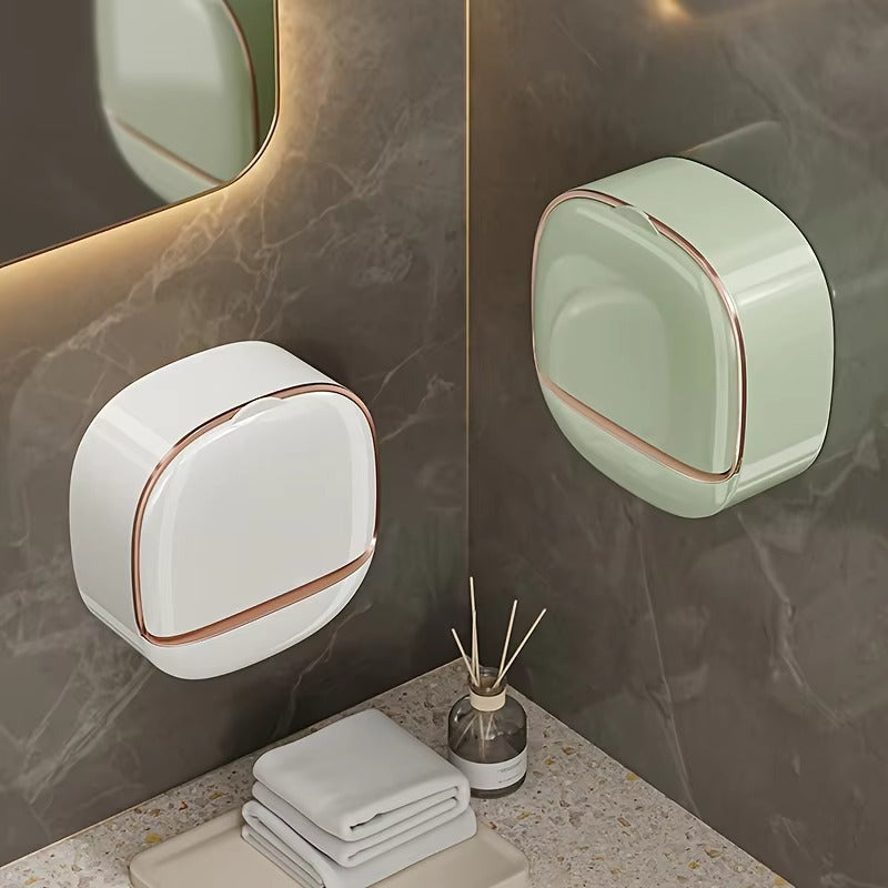 Luxury Soap Holder with Drain Tray, Waterproof Soap Dish Holder, Keep Soap Bars Dry, Adhesive Soap Case Box Wall Mounted for Shower, Bathroom, Bathtub, White