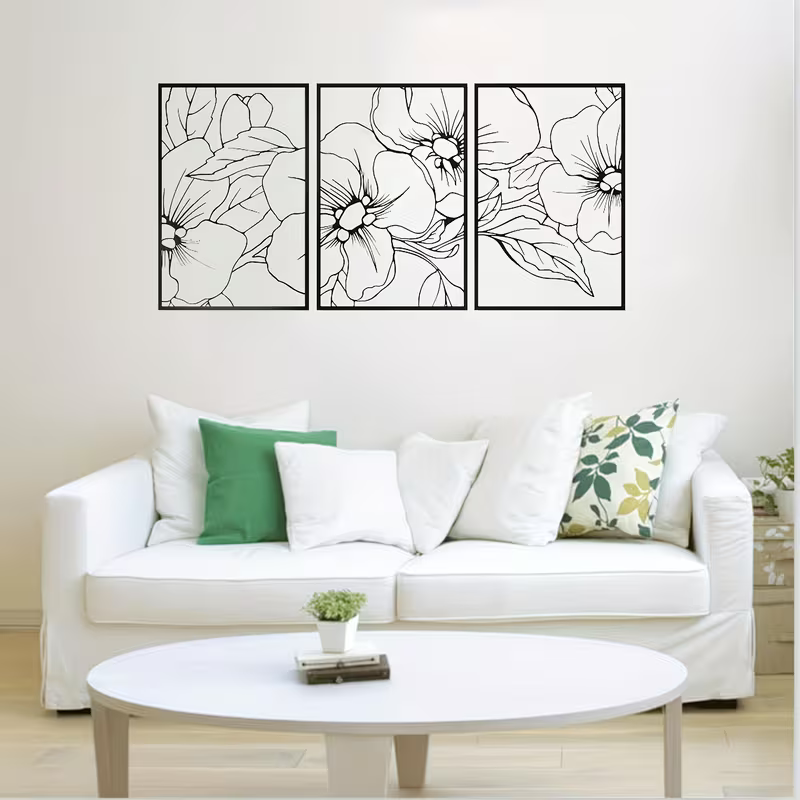 3pcs of Minimalist Black Metal Wall Art | Floral Single-Line Abstract for Home Decor