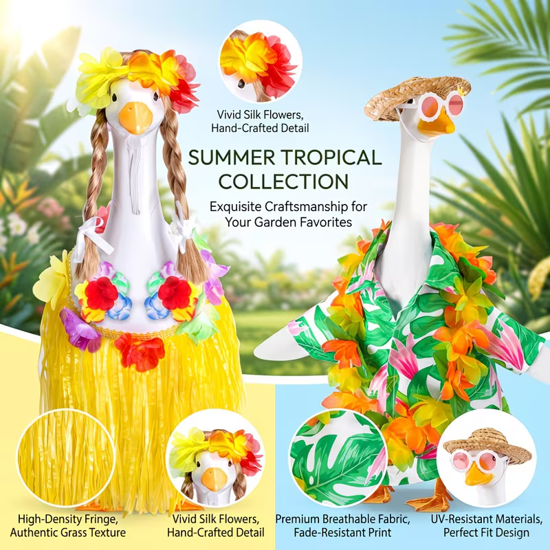 4pcs Hawaiian Garden Goose Clothing - Shirts/Skirts, Headwear, Wreath, Glasses, Outdoor Beach Decoration, Outdoor Art Decoration, Interesting Design, Modern Style, Durable Outdoor Decoration