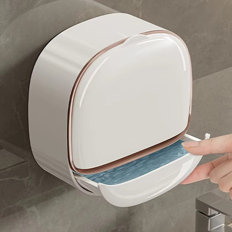 Luxury Soap Holder with Drain Tray, Waterproof Soap Dish Holder, Keep Soap Bars Dry, Adhesive Soap Case Box Wall Mounted for Shower, Bathroom, Bathtub, White