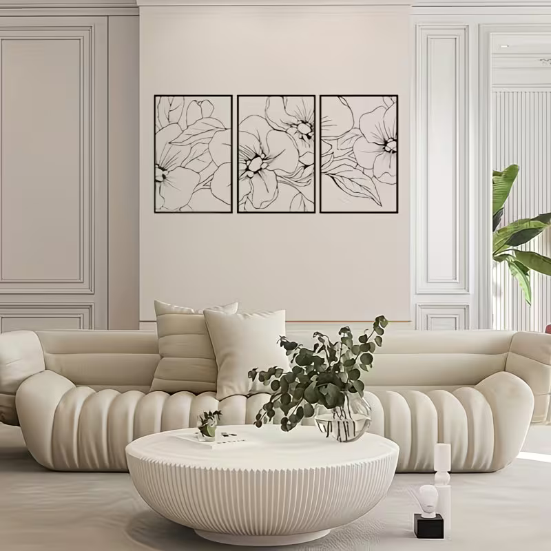 3pcs of Minimalist Black Metal Wall Art | Floral Single-Line Abstract for Home Decor