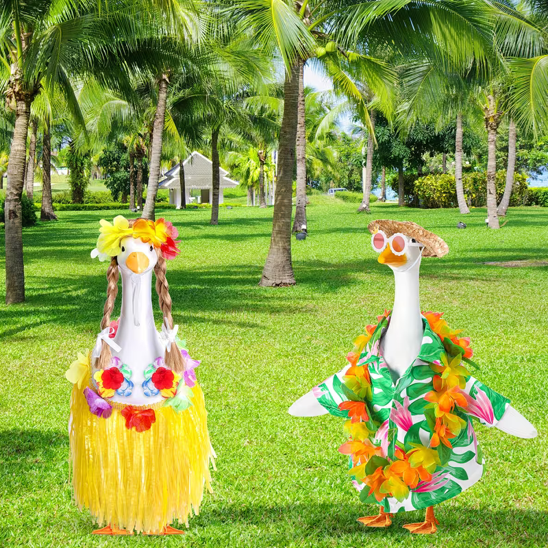4pcs Hawaiian Garden Goose Clothing - Shirts/Skirts, Headwear, Wreath, Glasses, Outdoor Beach Decoration, Outdoor Art Decoration, Interesting Design, Modern Style, Durable Outdoor Decoration