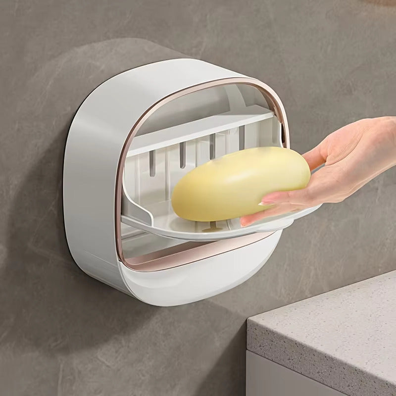 Luxury Soap Holder with Drain Tray, Waterproof Soap Dish Holder, Keep Soap Bars Dry, Adhesive Soap Case Box Wall Mounted for Shower, Bathroom, Bathtub, White