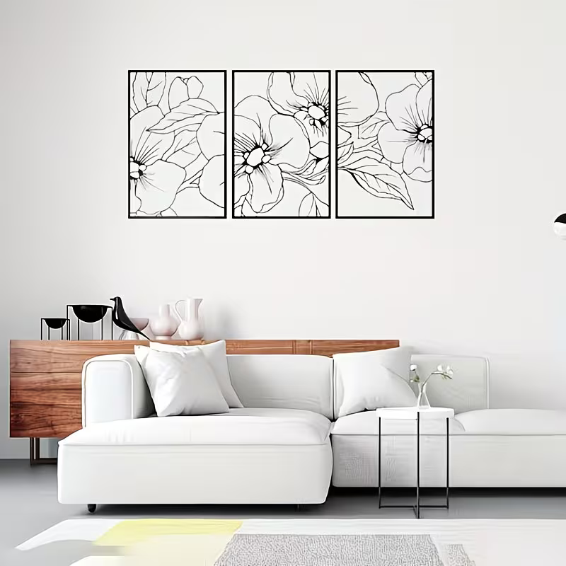 3pcs of Minimalist Black Metal Wall Art | Floral Single-Line Abstract for Home Decor