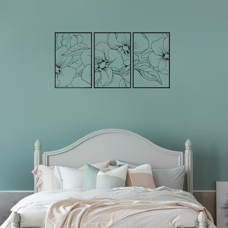 3pcs of Minimalist Black Metal Wall Art | Floral Single-Line Abstract for Home Decor