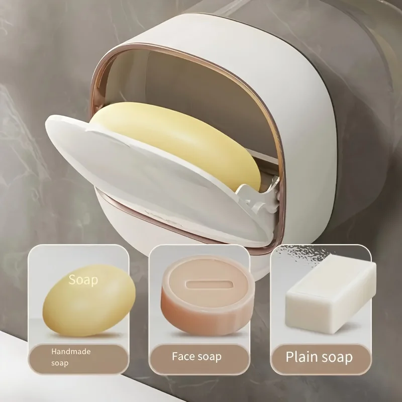 Luxury Soap Holder with Drain Tray, Waterproof Soap Dish Holder, Keep Soap Bars Dry, Adhesive Soap Case Box Wall Mounted for Shower, Bathroom, Bathtub, White
