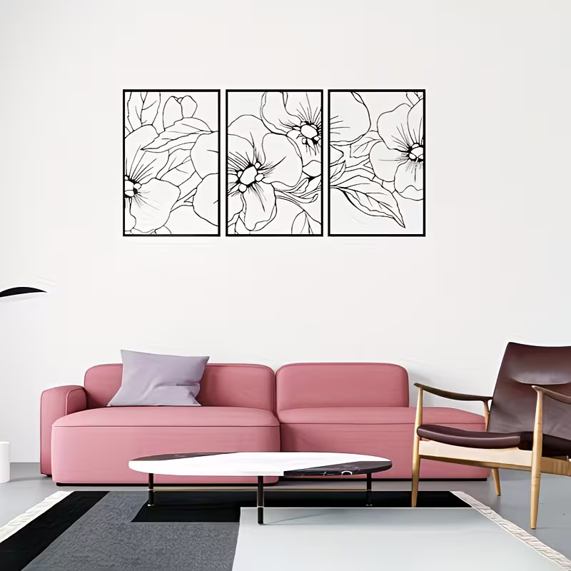 3pcs of Minimalist Black Metal Wall Art | Floral Single-Line Abstract for Home Decor
