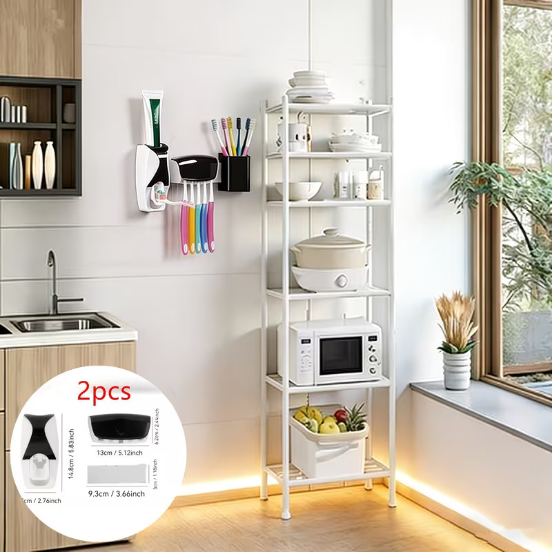 2pcs No Punching Wall Mounted Automatic Toothpaste Squeeze Holder Set - Space-saving Bathroom Storage Artifact, One-button Operation, Hygienic Anti-drip Design, Durable Plastic Material (black/white) - Easy Installation, No Tools Required, Wall Sto