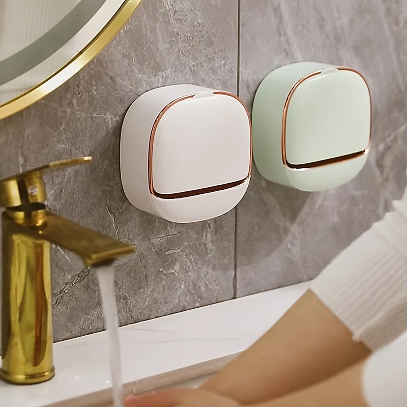 Luxury Soap Holder with Drain Tray, Waterproof Soap Dish Holder, Keep Soap Bars Dry, Adhesive Soap Case Box Wall Mounted for Shower, Bathroom, Bathtub, White