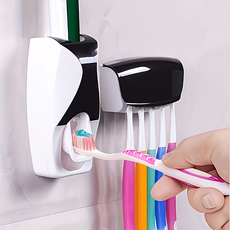 2pcs No Punching Wall Mounted Automatic Toothpaste Squeeze Holder Set - Space-saving Bathroom Storage Artifact, One-button Operation, Hygienic Anti-drip Design, Durable Plastic Material (black/white) - Easy Installation, No Tools Required, Wall Sto
