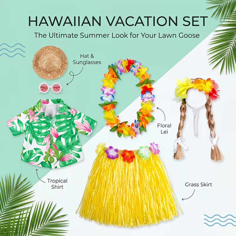 4pcs Hawaiian Garden Goose Clothing - Shirts/Skirts, Headwear, Wreath, Glasses, Outdoor Beach Decoration, Outdoor Art Decoration, Interesting Design, Modern Style, Durable Outdoor Decoration