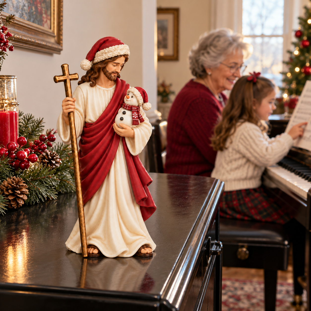 Jesus Holding a Snowman Christmas Figurine