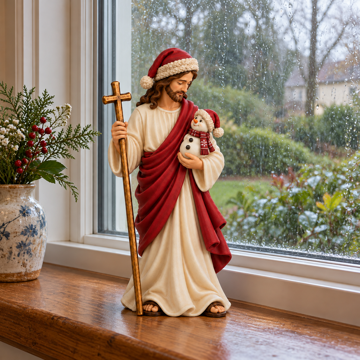 Jesus Holding a Snowman Christmas Figurine
