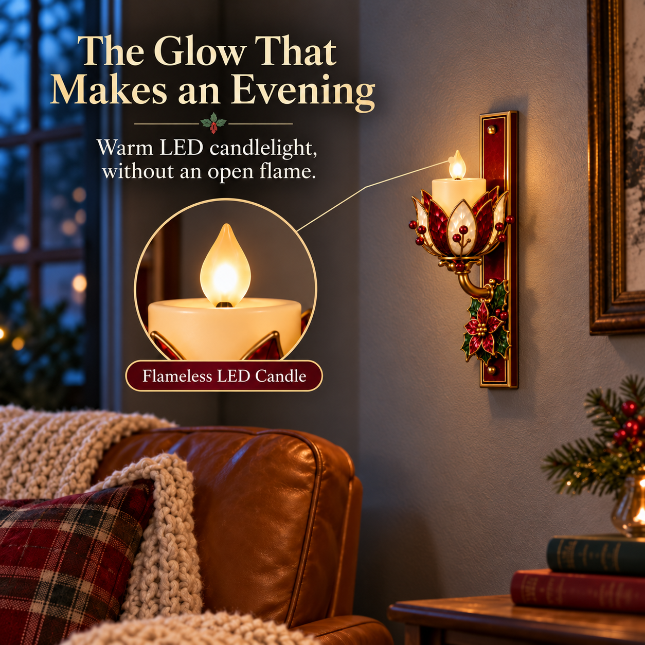 Vintage Poinsettia LED Candle Wall Sconce with Remote
