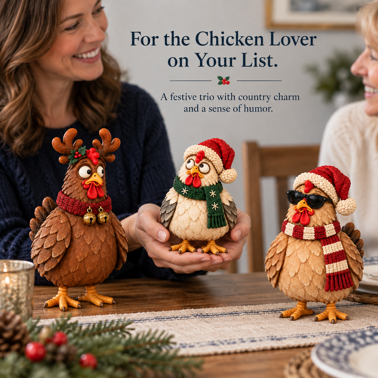 Vintage Christmas Chicken Figurine Set of 3