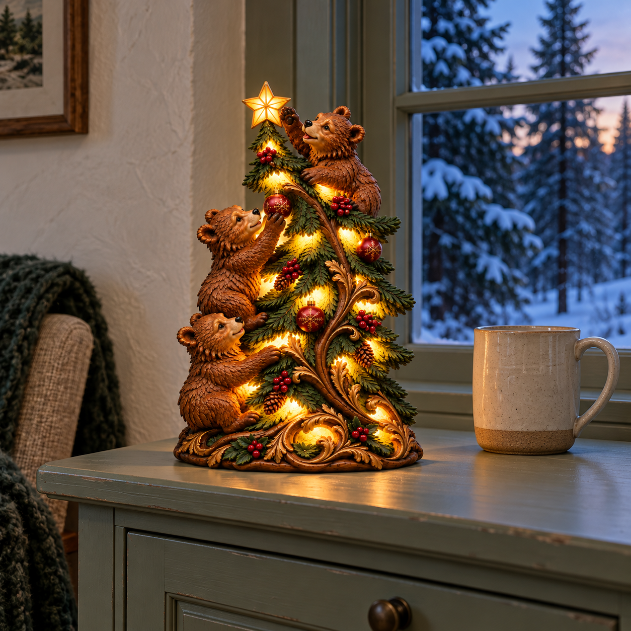 Vintage Lighted Christmas Tree with Three Bears