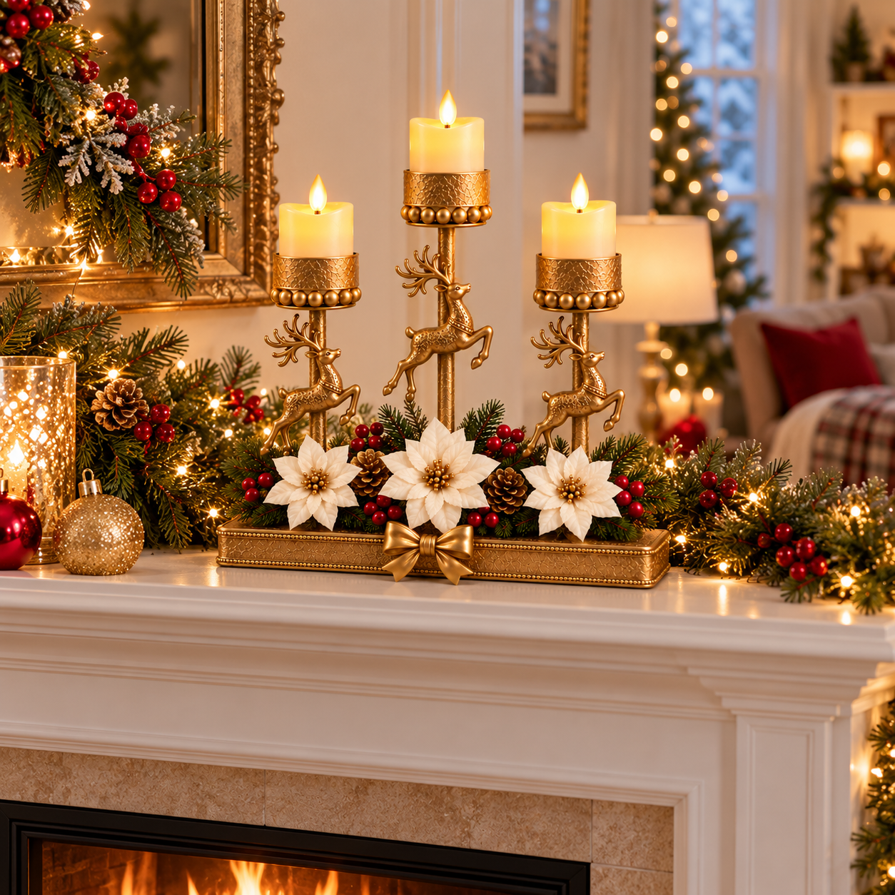 Vintage Victorian Christmas Deer Candle Centerpiece