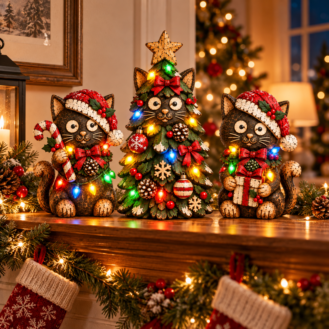 Lighted Christmas Cat Figurine Set