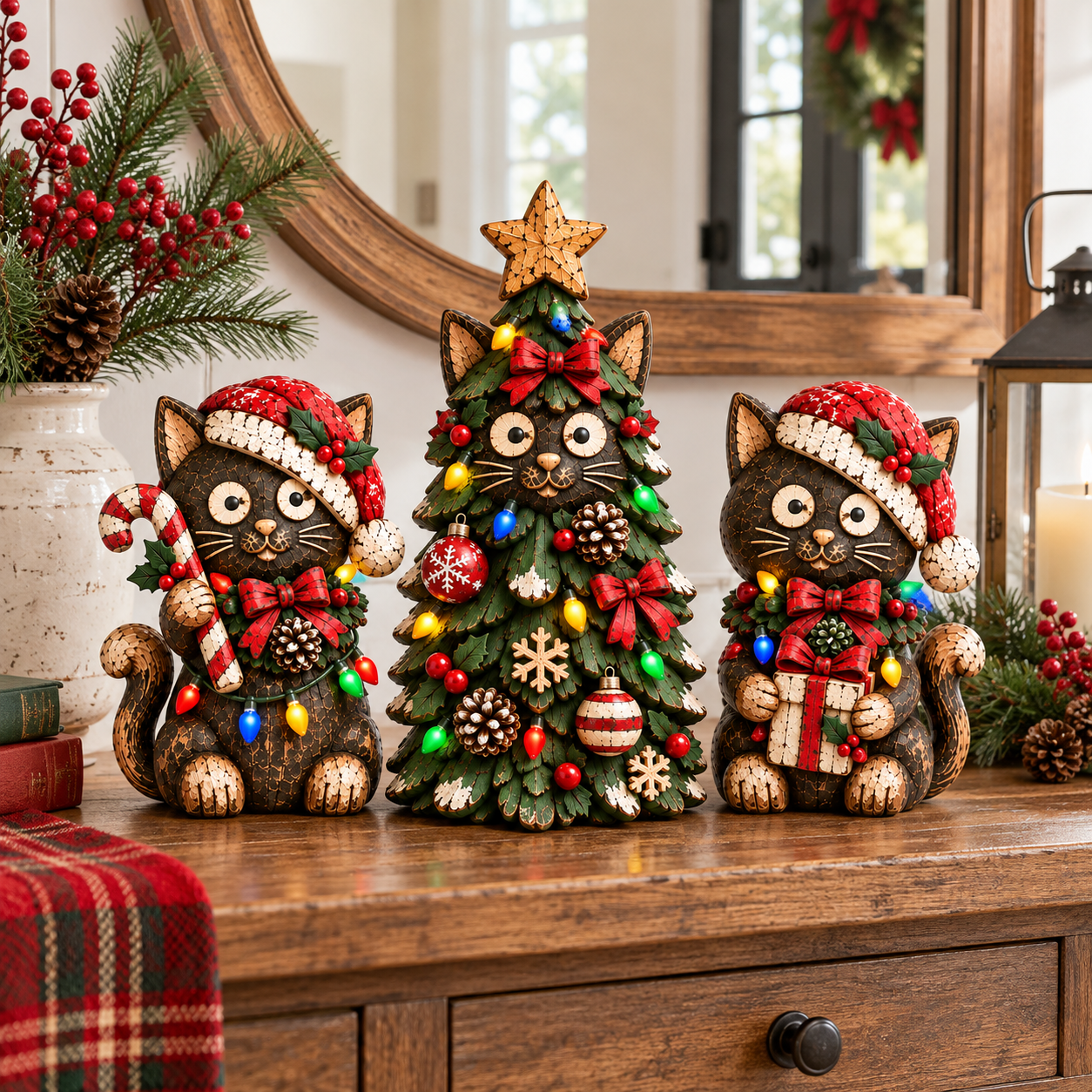 Lighted Christmas Cat Figurine Set