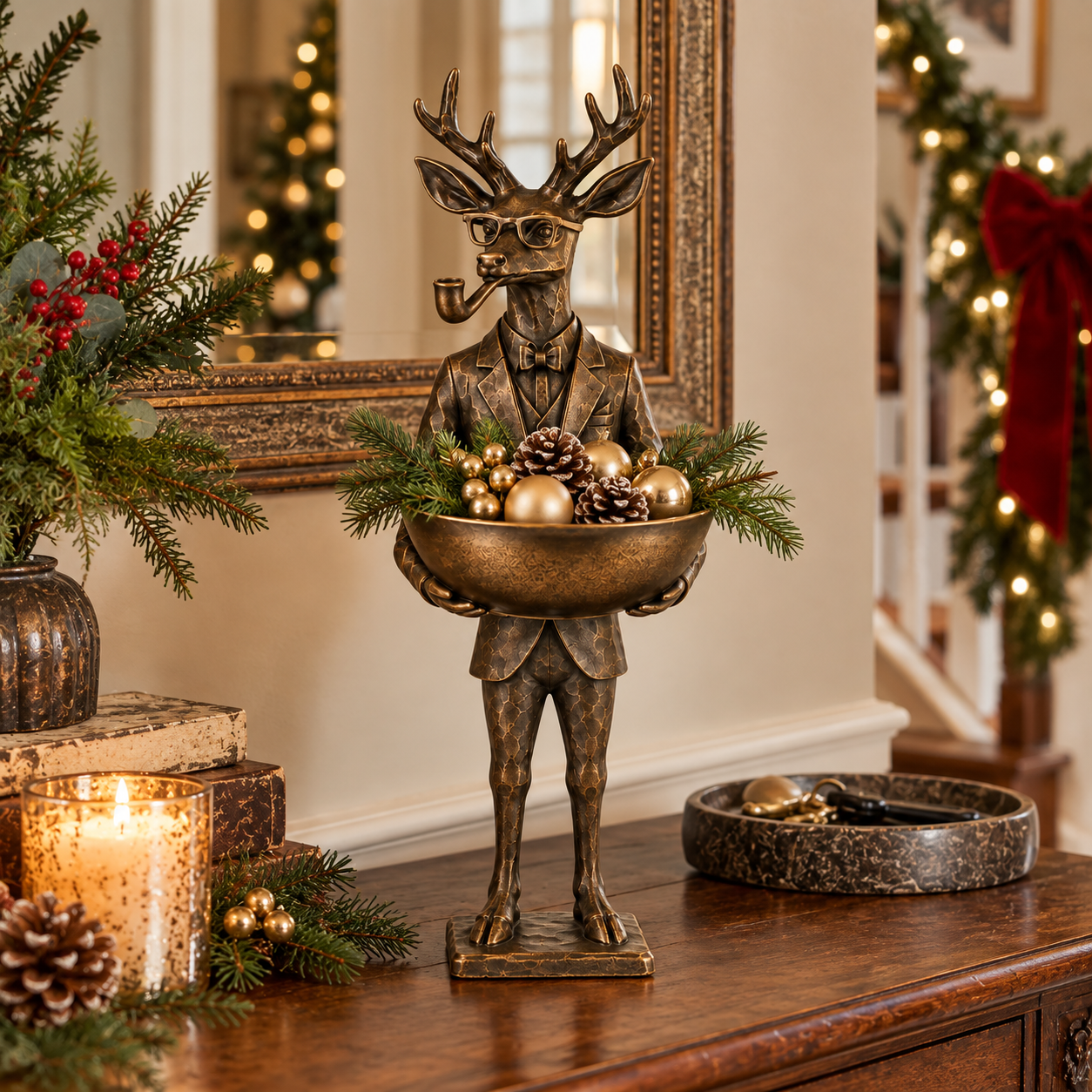 Vintage Bronze Deer Butler Statue with Decorative Bowl