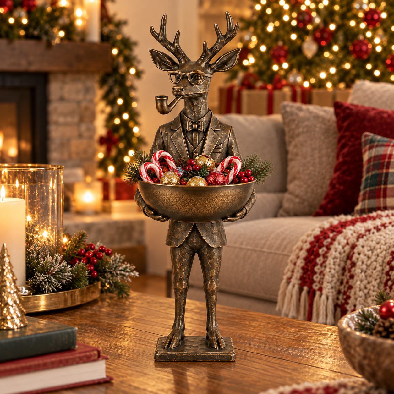 Vintage Bronze Deer Butler Statue with Decorative Bowl